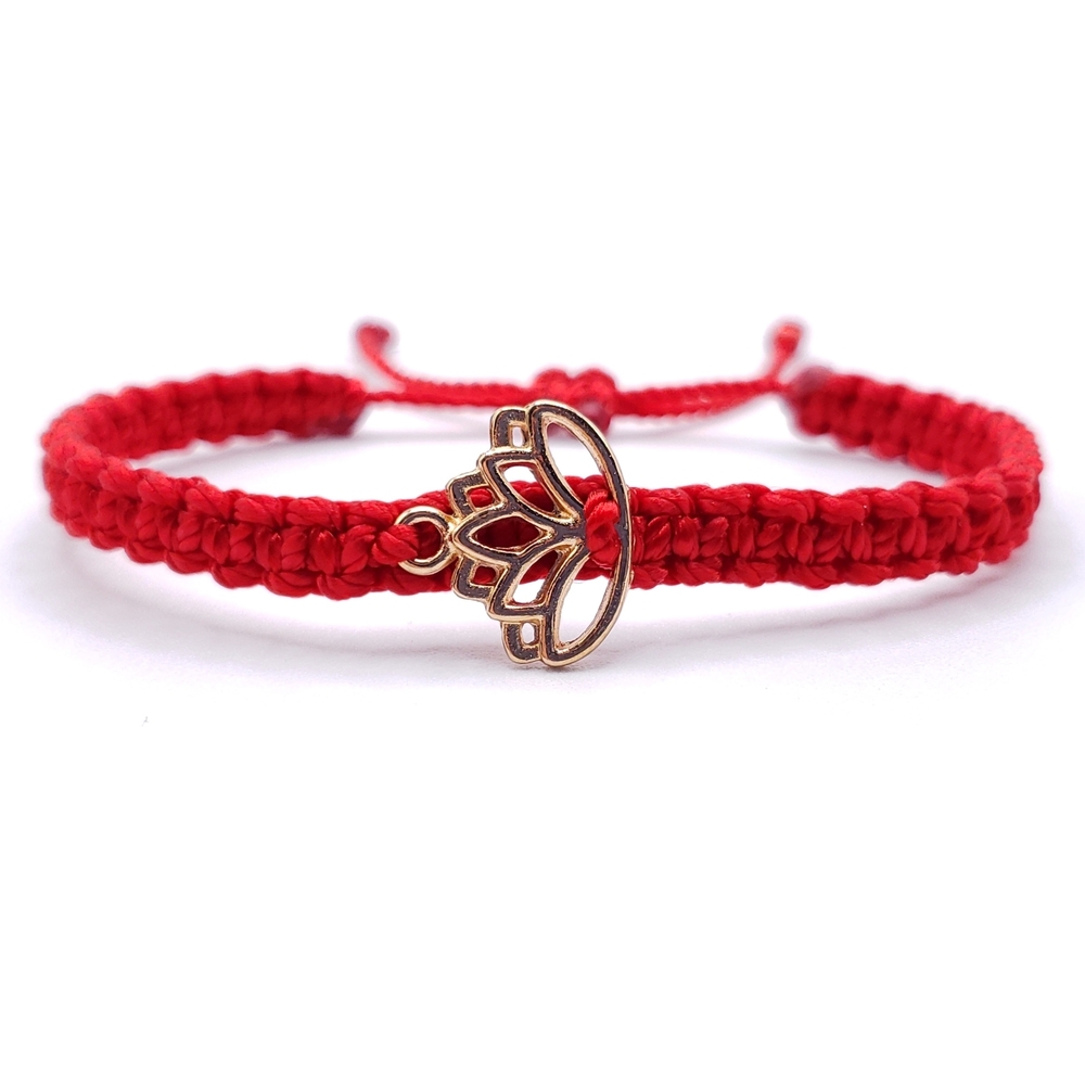 Lotus flower bracelet, red string braided bracelet, gold color lotus flower